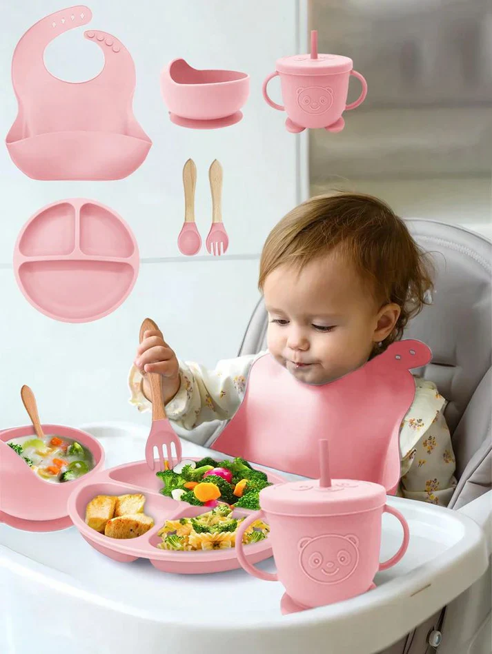 5-Piece Silicone Baby Feeding Set Bib, Bowl, Plate, Cup & Cutlery Random Colours