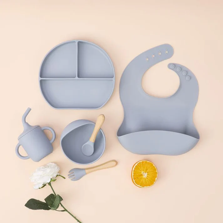 5-Piece Silicone Baby Feeding Set Bib, Bowl, Plate, Cup & Cutlery Random Colours