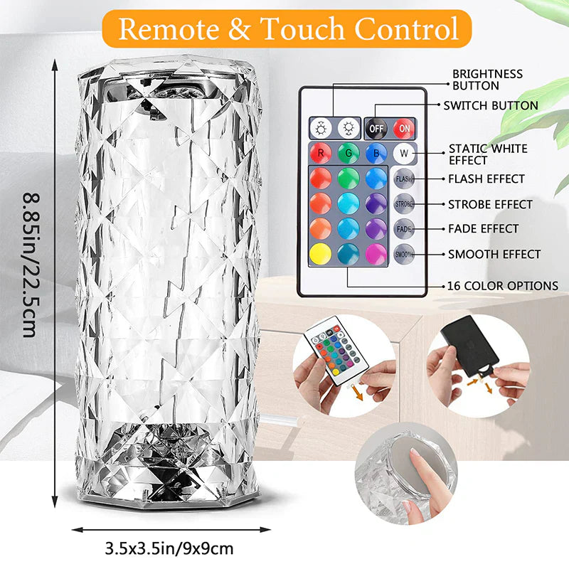 Crystal Diamond LED Table Lamp 16 Color RGB with Remote & Touch Control